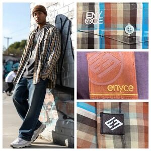 Vintage Enyce Plaid Button Down Shirt Men XXL Brown Blue Y2K Streetwear Grunge